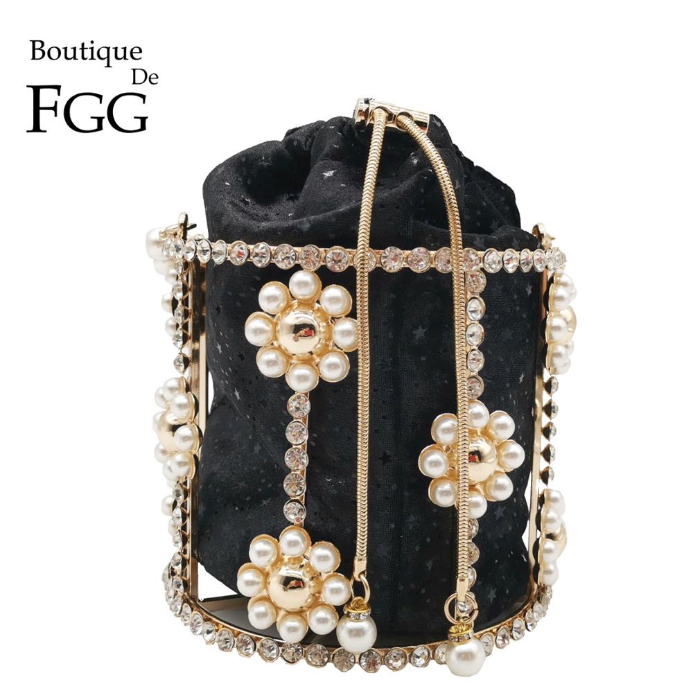 Boutique de fgg pearl tophåndtag kvinder spænde håndtasker blomster aftentasker dame metal clutches kæde skulder crossbody taske