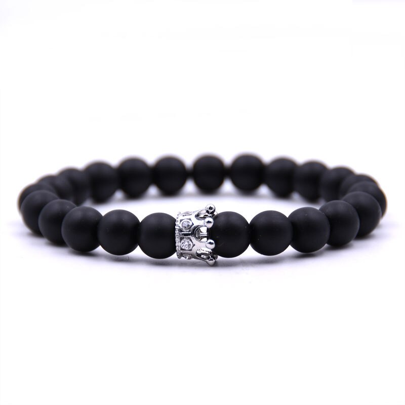 De Luxe Crown Charm Prom Mannen Armband Mode Lava Frosted Kralen Armband Mannen Sieraden Paar: Silver