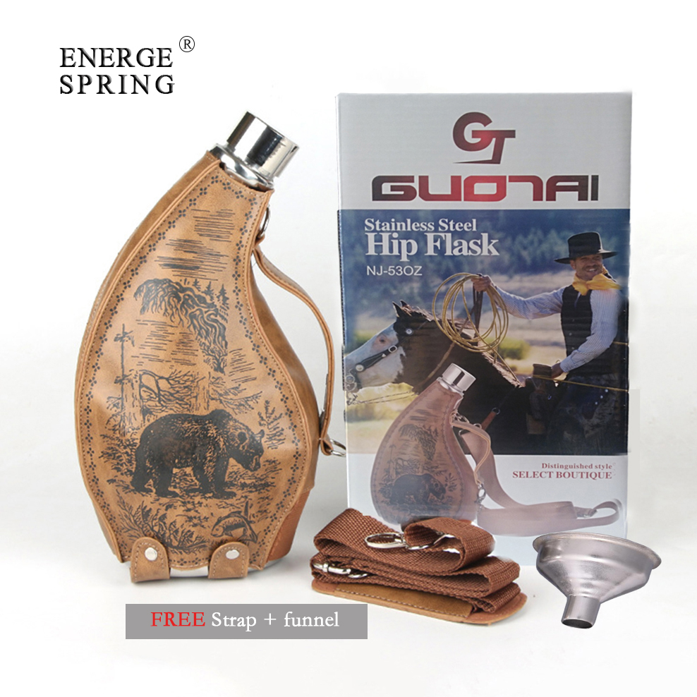 ENERGE SRPING 53oz Stainless Steel Horns Hip Flask Portable Ox Horn Flagon With Leather Case Transfer Funnel Alcohol Flasks