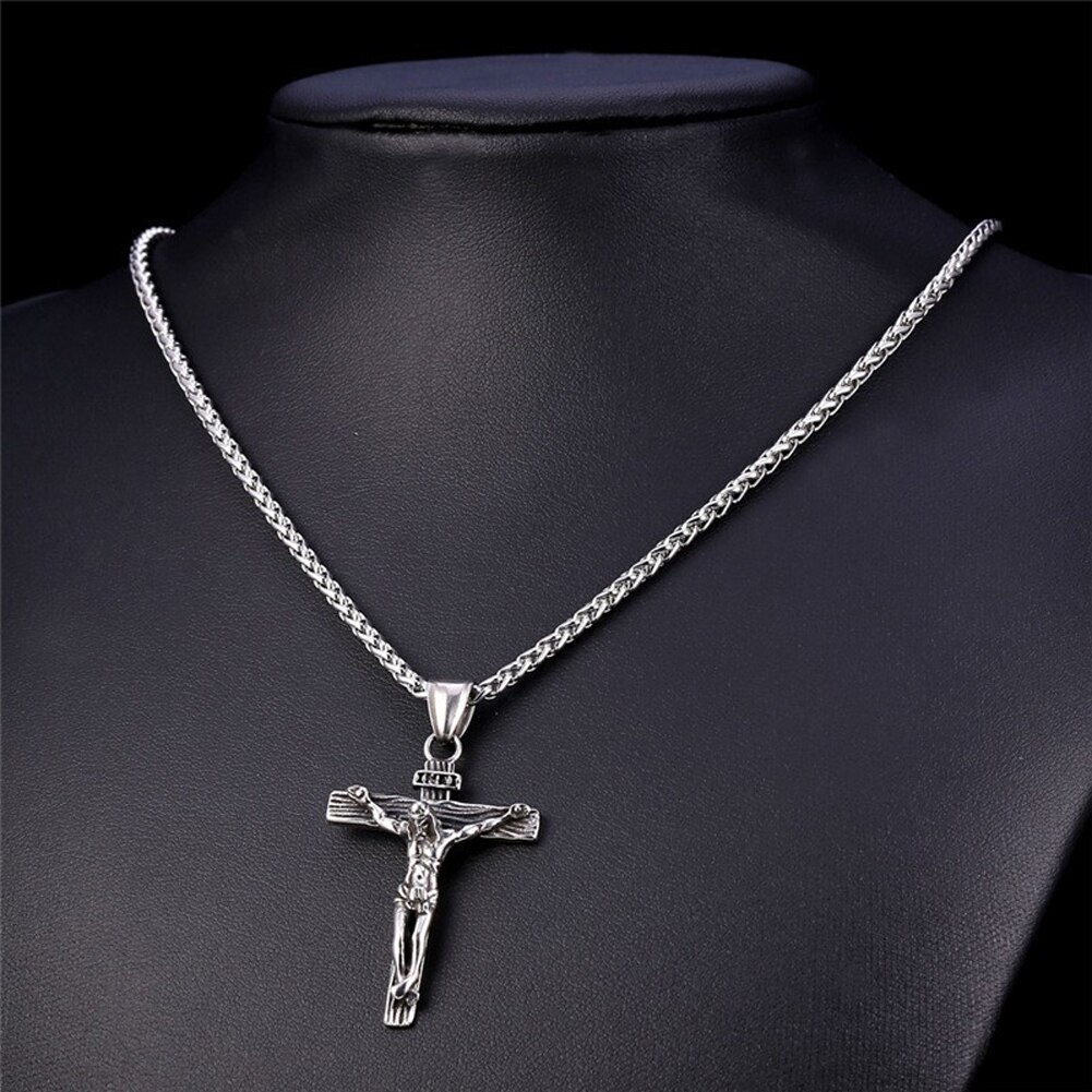 Religious Jesus Cross Necklace For Men Gold And Silver Cross Pendent With Chain Necklace Jewelry: Silvery