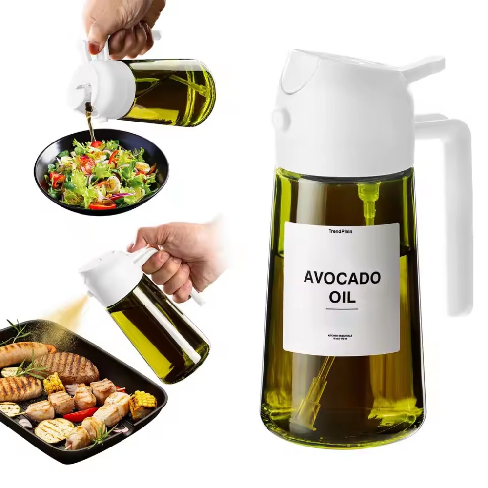 Pulverizador de aceite oscuro con bloqueo de luz de 16oz/470ML para cocinar, botella dispensadora de aceite de oliva 2 en 1 para cocina, botella de aceite de vidrio verde oscuro: Blanco
