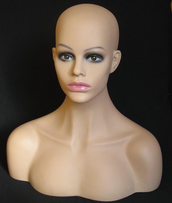 56cm female mannequin head display plastic bust,human hair mannequin head for wig,half-chest model M00508