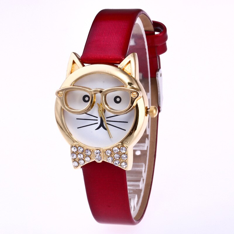 Hello kitty tegneserie sød kat bære briller børn se børn leopard ur fødselsdag studerende dreng pige farverigt ur: Rød 2