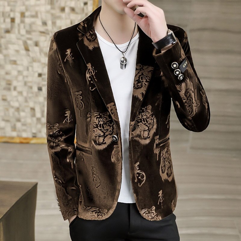 Blazer de luxe en velours pour homme, veste de costume, décontractée, Slim, tenue de bureau, Streetwear, bonne: coffee / XXL