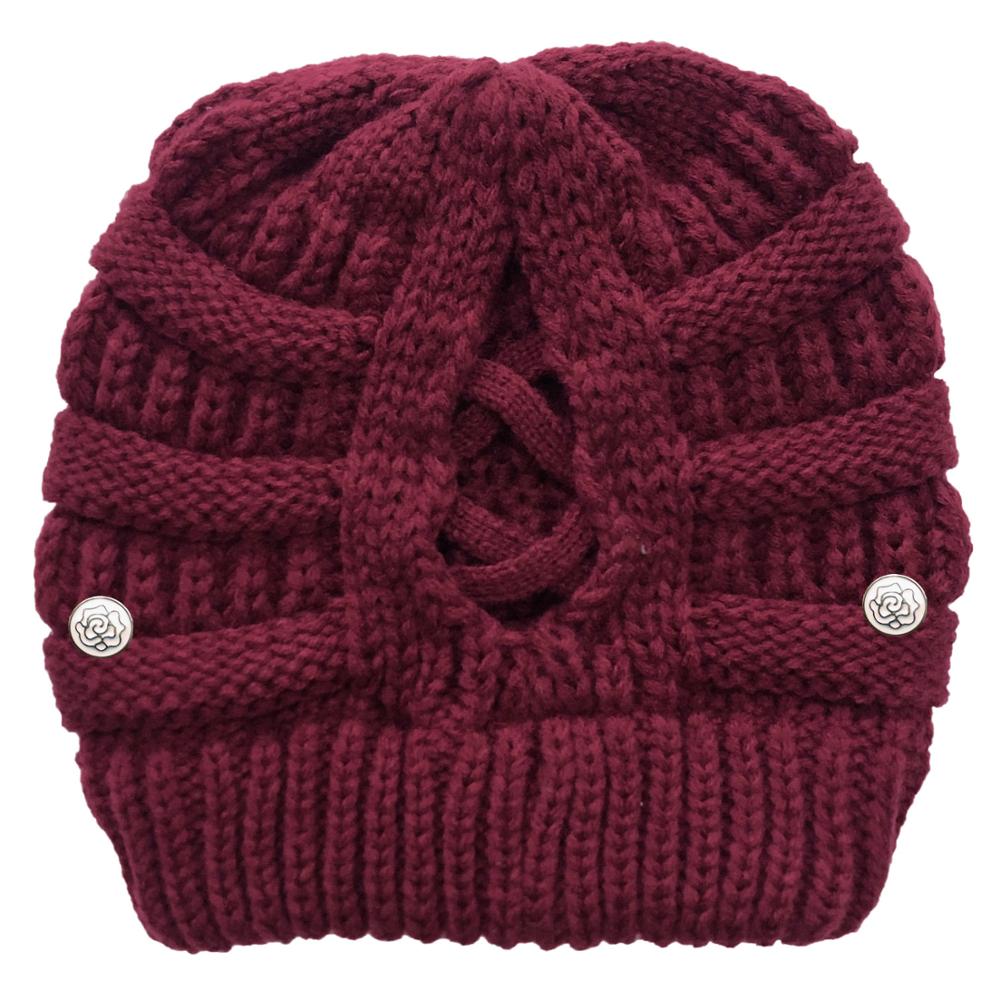 Cola de Caballo cruzada desmontable con botón para mascarilla, gorro de punto con apertura trasera, hilo de lana cálido, , producto: Maroon