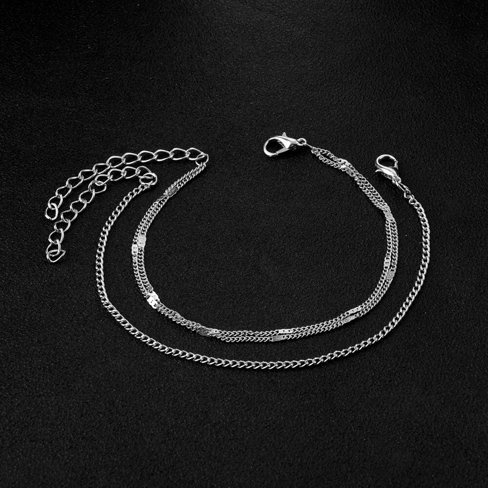 Sindlan 2 Stuks Zomer Enkelbanden Eenvoudige Tegel Voet Keten Elegante Dubbele Laag Enkelbandje Voeten sieraden Strand Sieraden Op Voet Armband: Silver