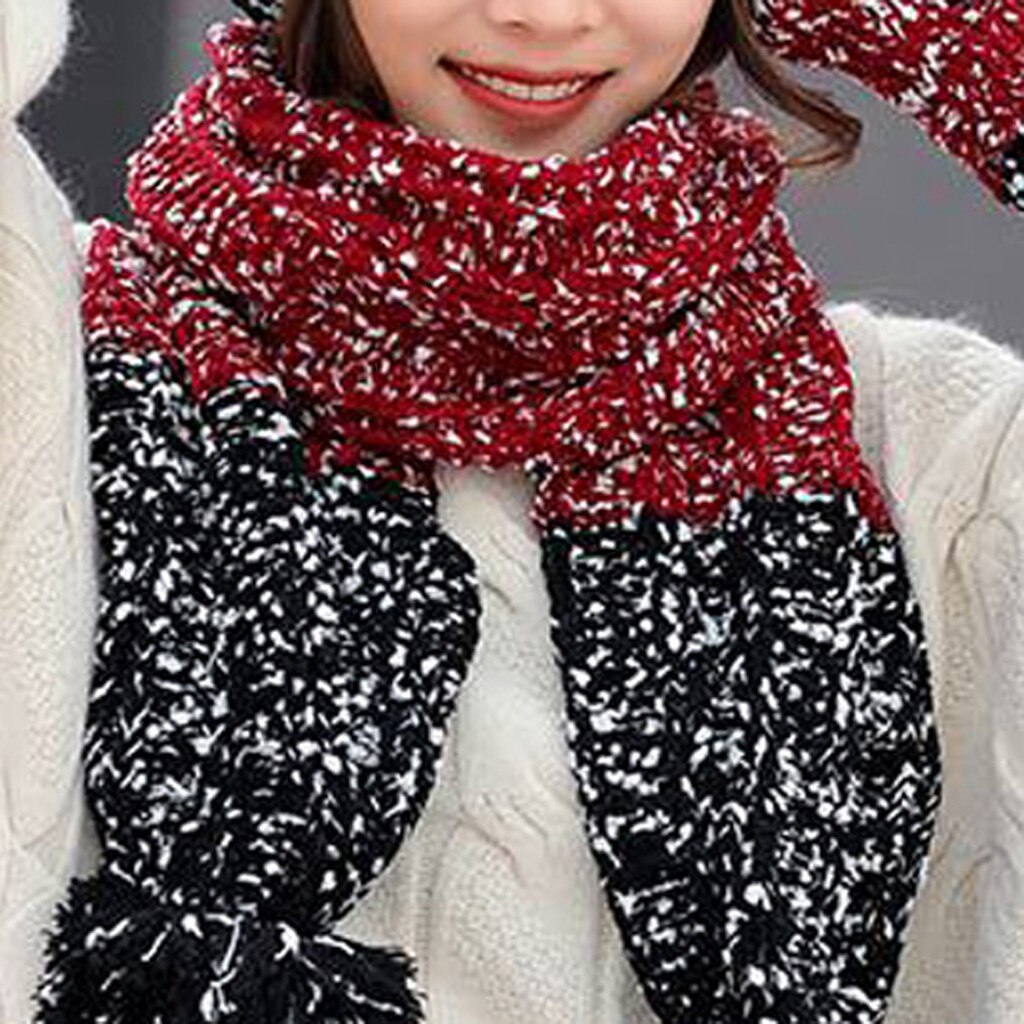 Invierno 3 piezas bufanda de las mujeres conjunto de Patchwork cálido de punto de sombrero bufanda + guantes Set Bola de Pelo bufandas guantes del sombrero conjunto