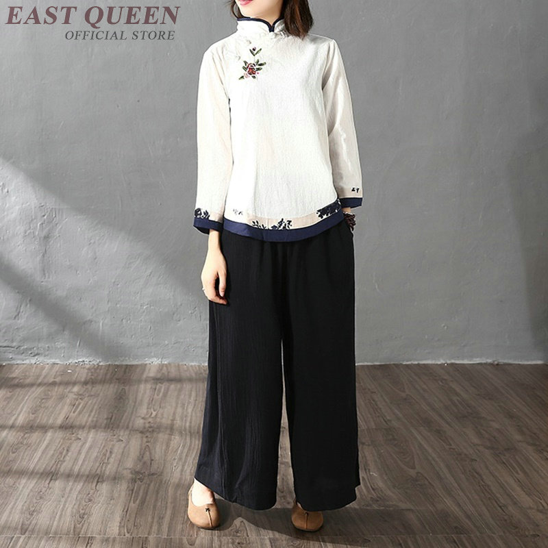 Blusa tradicional china para mujer, blusa de lino oriental con cuello mandarín, blusa de camisa para mujer, top cheongsam para invierno AA4148