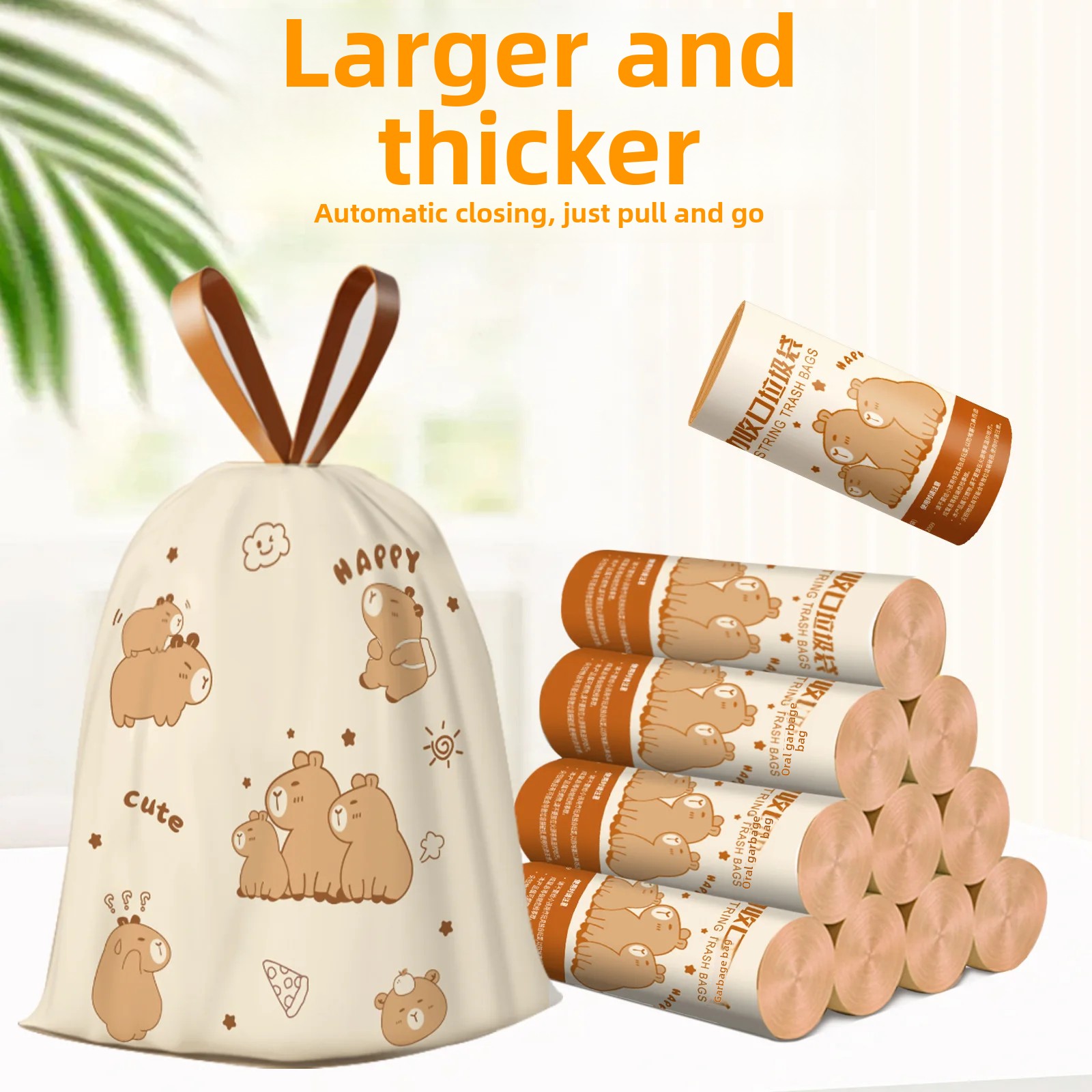 Thickened Handheld Drawstring Kitchen Cleaning Plastic Bags Large Size Cartoon Printing Garbage Bags Household Essential