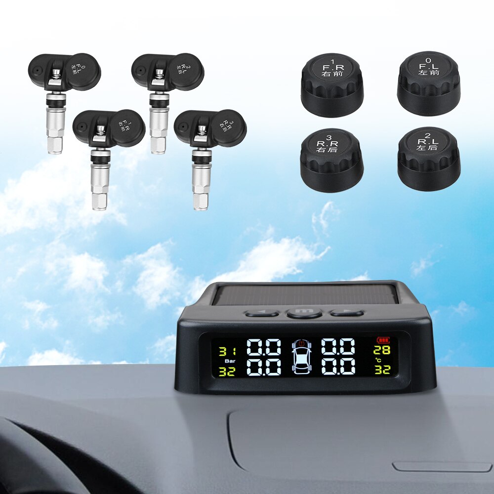 LEEPEE-sistema de supervisión de presión de neumáticos, Monitor de presión de neumático de coche, Sensor Solar externo/interno, TPMS con 4 sensores externos