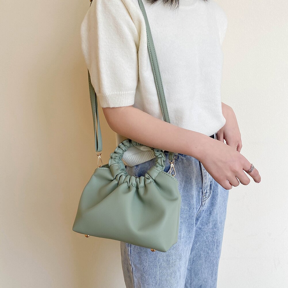 Mulheres Cor Pure bolsa de Ombro Mensageiro Sacos de Couro PU Alça Redonda Plissada Casual Crossbody Bolsas Bolsas Feminina Shopping Bag