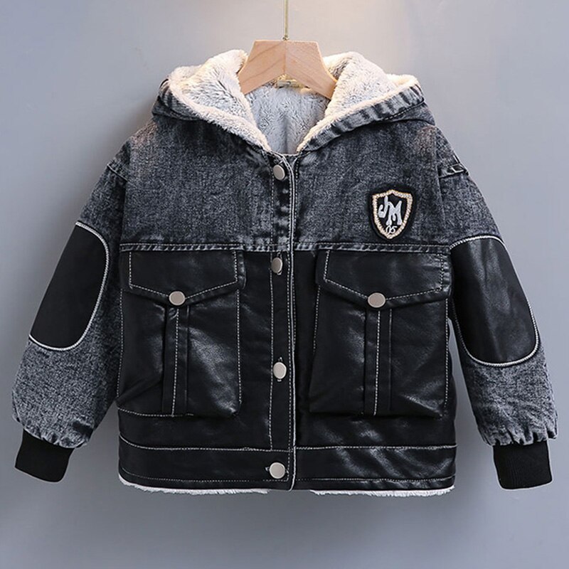 2-8 Years Old Thick Warm Boys Denim Jackets PU Leather Patchwork Kids Outwear Coat Autumn Winter Children Jean Coats