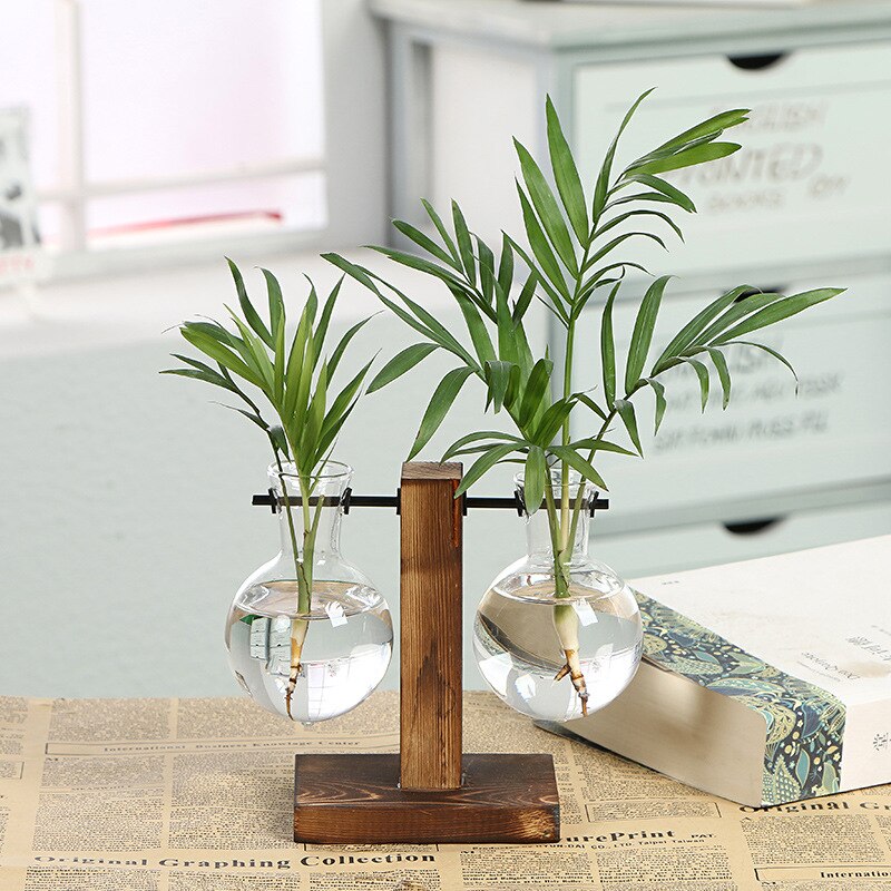 Jarrones de plantas hidropónicas para terrario, maceta Vintage, florero transparente, marco de madera, plantas de mesa de vidrio, bonsái, decoraciones para el hogar