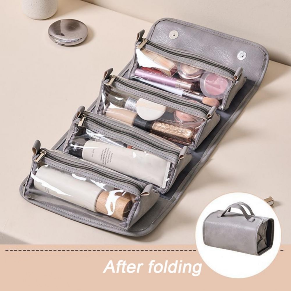 Neceser de viaje de cuero plegable para mujer, estuche de maquillaje portátil de gran capacidad, organizador de maquillaje de artículos de tocador impermeable, bolsa de almacenamiento: Gris claro