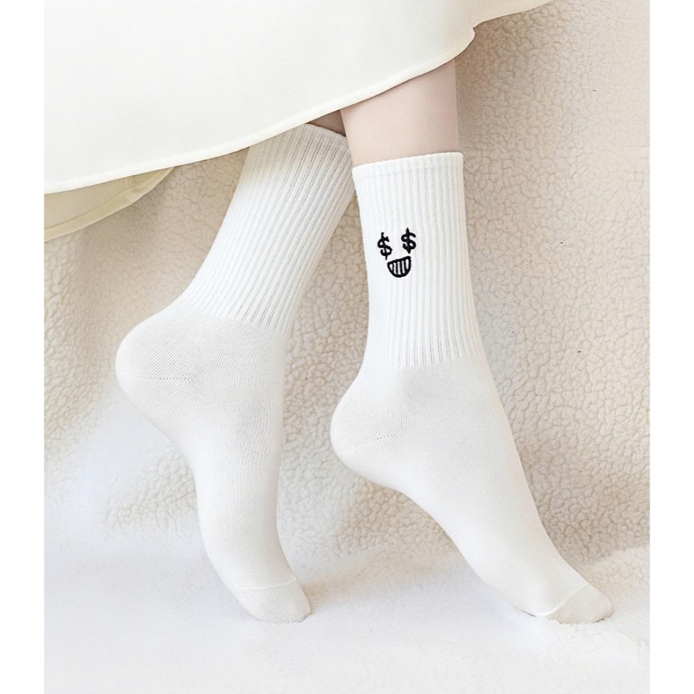 1/5 paar damessokken, puur witte sokken, herfst- en winterlange sokken, dikke pluche katoenen sokken, schattige emoticon tas sokken