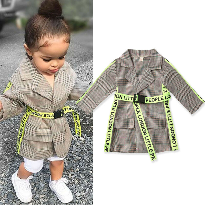 Modo Del bambino Del bambino Del Capretto Del bambino Della Ragazza del Cappotto di Inverno di Autunno Vestiti con Cintura Giacca A Quadri Tuta Sportiva Abito Formale 0-5Y