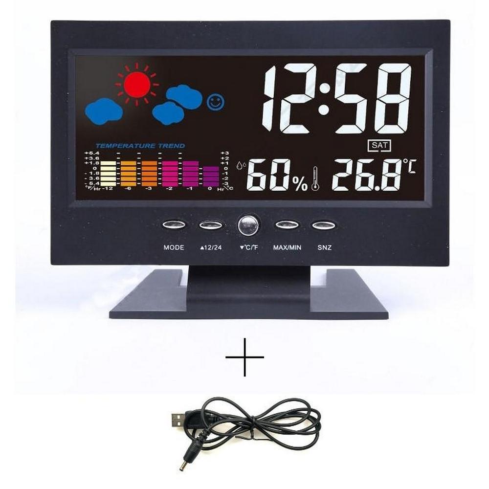 Digital LED Backlight Aalarm Clock Temperature And Humidity Monitor Desktop Weather Station Meter Time Date Clock Voice Control: Default Title