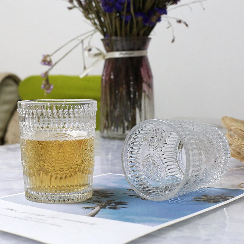Nordisk retro relief solblomst glas vandglas vin juice mælk morgenmad guld indrammet glas