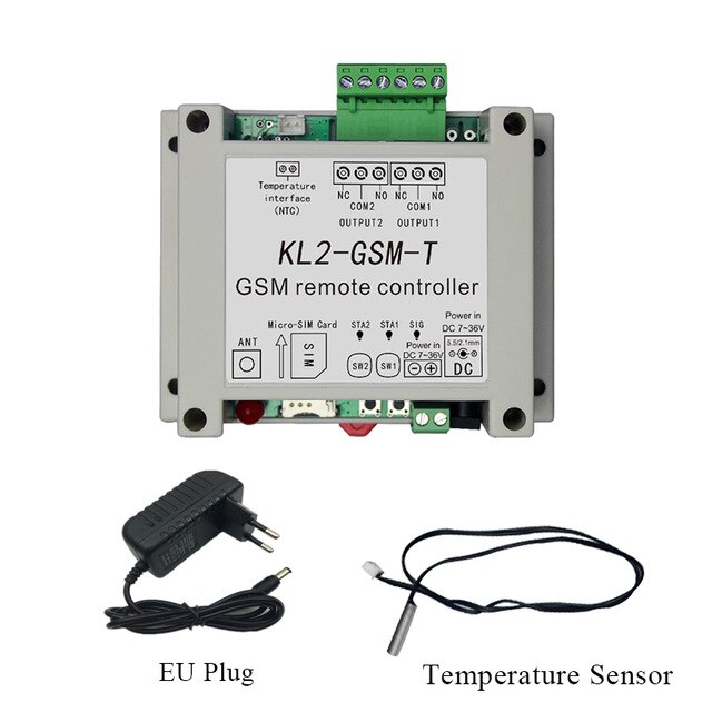 DC12V 2 Kanaals Relais Uitgang Gsm Afstandsbediening Schakelaar KL2-GSM-T Met 1Meter Temperatuur Sensor: EU plug