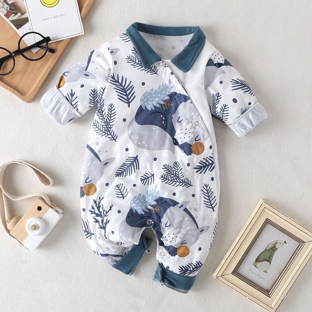 Nyfödda babykläder pojkar klumpar söta träd varg tryckt långärmad vinter bomull barn jumpsuit lekdräkt outfits kläder: 24m