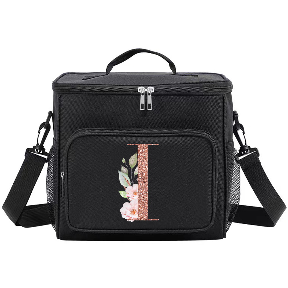 Multi-Pocket Lunch Box for College Student Black Color Food Tote Bag Storage Bag Organizer Bento Rose Gold Series Printing: green