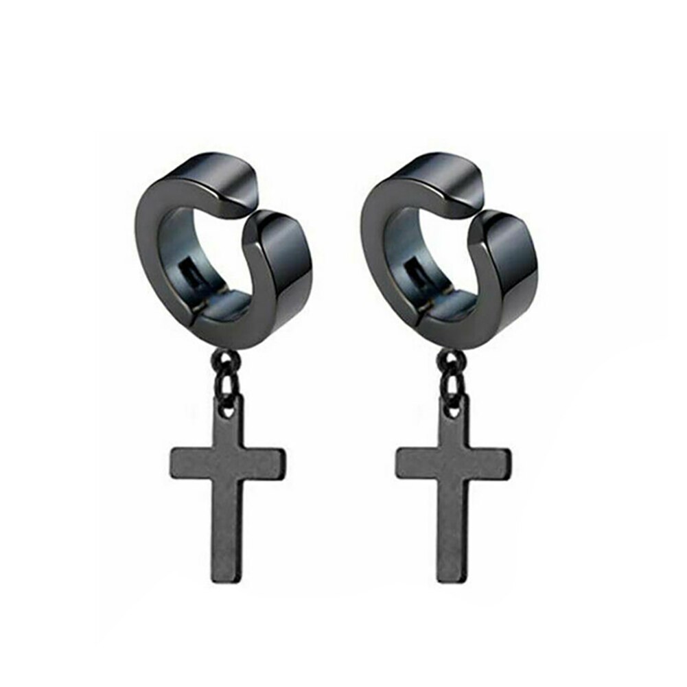 1 par gotiske smykker langhængende øreringe dangle cross øreringe mand runde øreringe rustfrit stål øreringe til kvinder: Sort