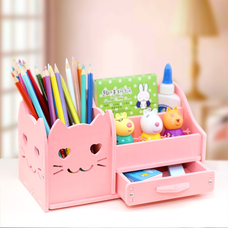 Multi-function 4 Grid Desktop Pen Holder Office School Stationery Storage Case Wood Box Desk Pen Pencil Organizer Phone Holder: Big pink eyes