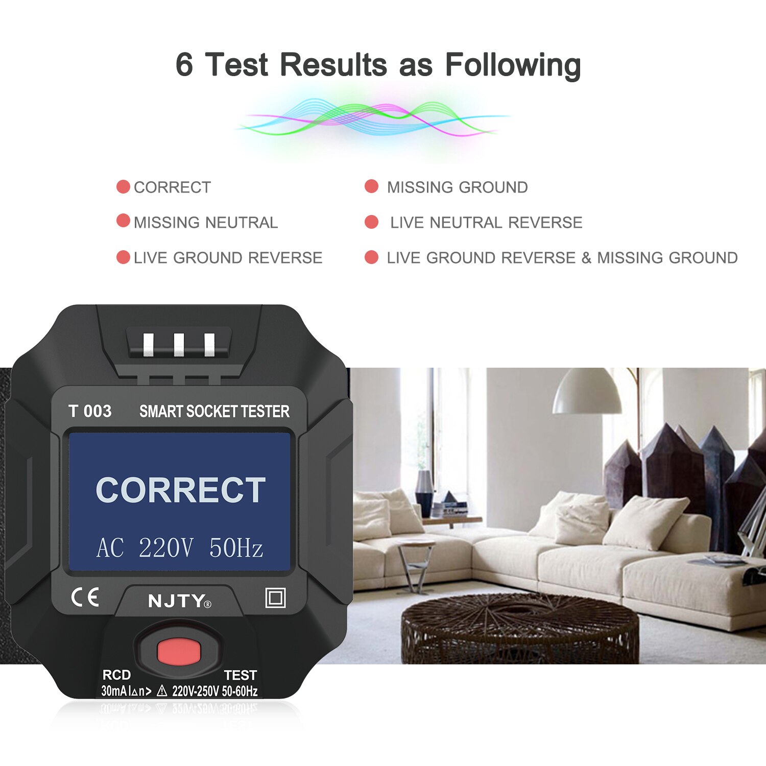 NJTY T003 220~250V EU Plug Smart Socket Tester Automatic Electric Circuit Polarity Voltage Detector Wall Wire Detection