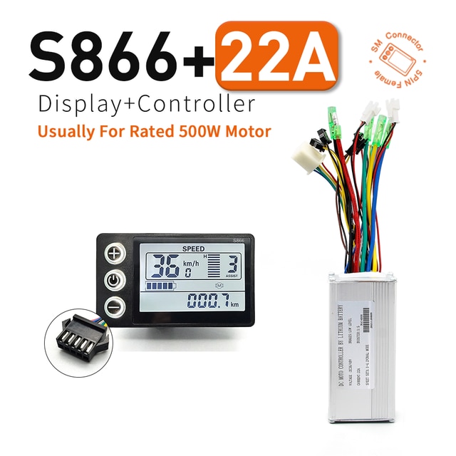 Ebike 250W 500W Controller and LCD Display 36V 48V LCD866 LCDGD01 LCDS900 Electric Bicycle Bike Display Controller: S866 22A SM Plug