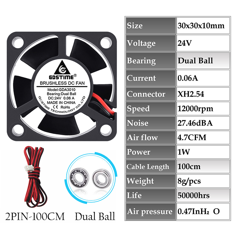 2 stks Gdstime DC 24 V Fan 30 MM x 10 MM Dual Kogellager Borstelloze Auto Lamp Koelventilator 30mm Micro fan 3010 Audio Koelventilator: Blauw