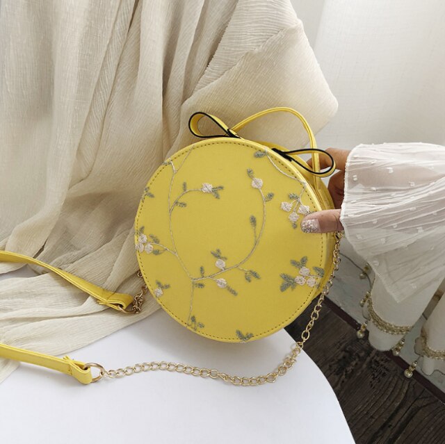 Zoete Kant Ronde Handtassen Pu Leer Vrouwen Crossbody Tassen Vrouwelijke Mode Kleine Verse Bloem Keten Schoudertas: YELLOW