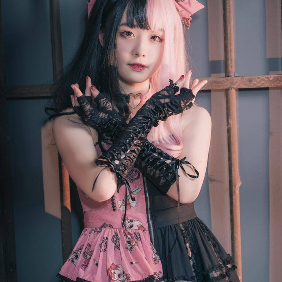 Gants longs Lolita pour femmes, rétro, Steampunk gothique, Corset en dentelle, demi-doigt, ruban en résille