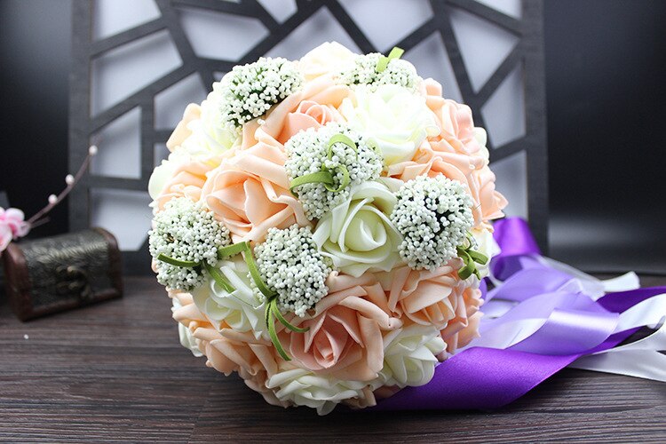 Ilovewedding brudebryllup buket buket bånd håndlavet 30 stk pe roser bryllup blomster brude buketter lilla: Champagne