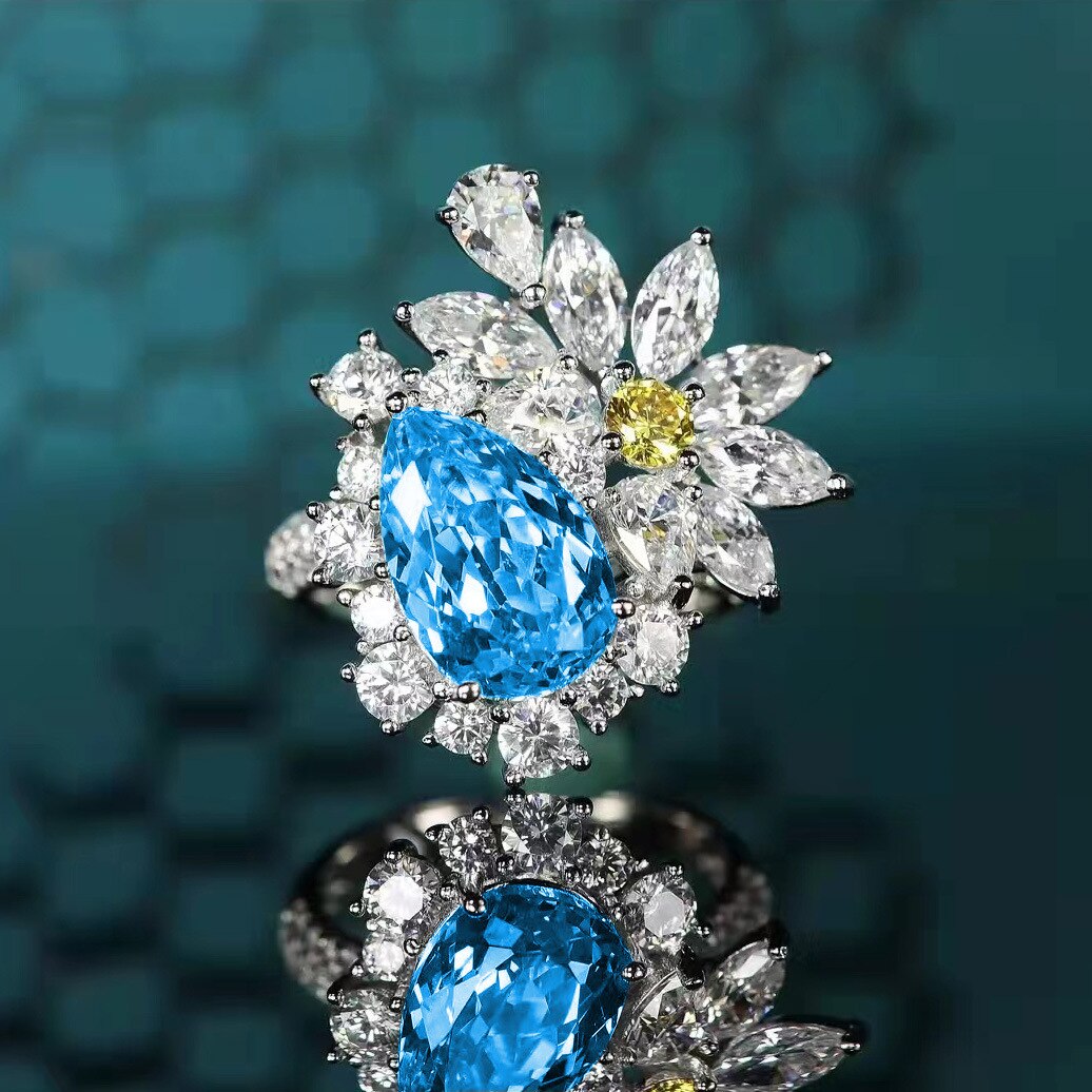 Neue Frauen Luxus -förmigen Ohrringe Zirkon Stein offen Ring Silber Farbe Meer Blau Kristall Liebhaber Versprechen Schmuck: Ring