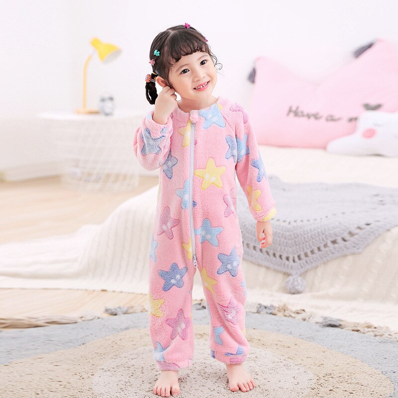 Pyjama une pièce en flanelle pour enfants, barboteuse chaude, corail, pour la maison, nouvelle , automne et hiver: A-pink / 90CM