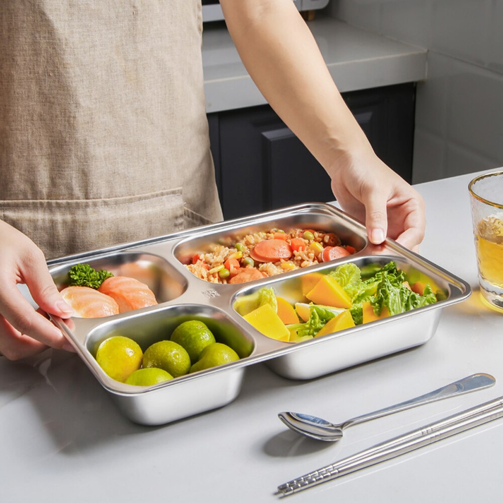18/8 Stainless Steel 2/3/4 Section Divided Dinner Tray Meal Dish Lunch Box Plate Fast Food Containers for Students Staffs Worker