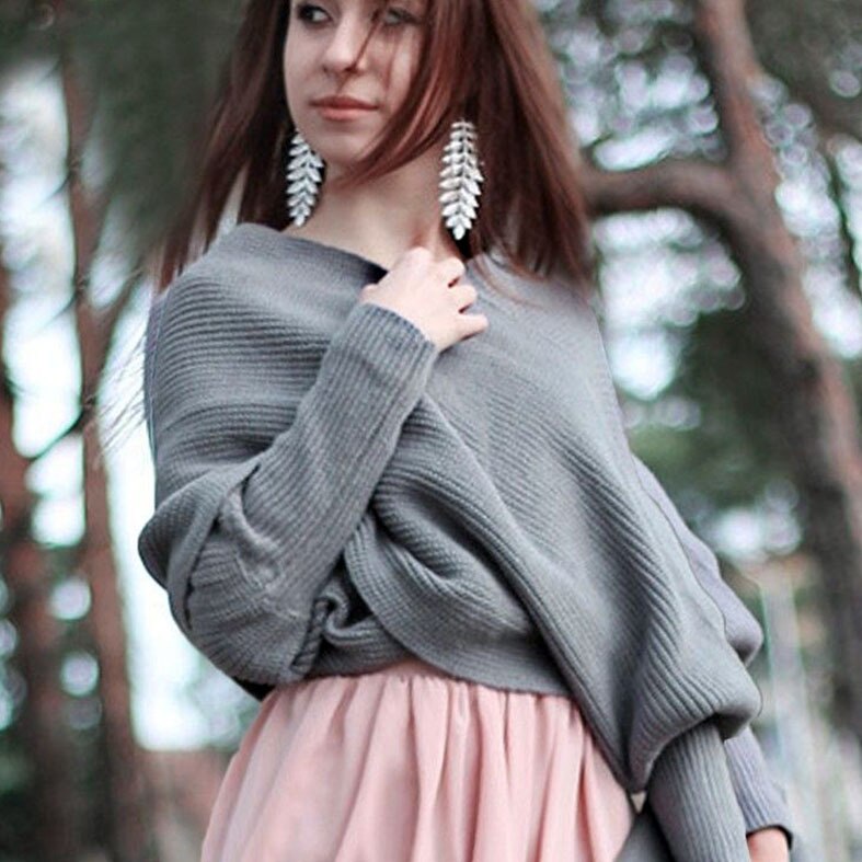 Kms Sexy Winter Warme Zachte Breiwol Lange Mouwen Wrap Shawl Effen Zwart Grijs Beige Rood Voor Vrouwen 200*42Cm