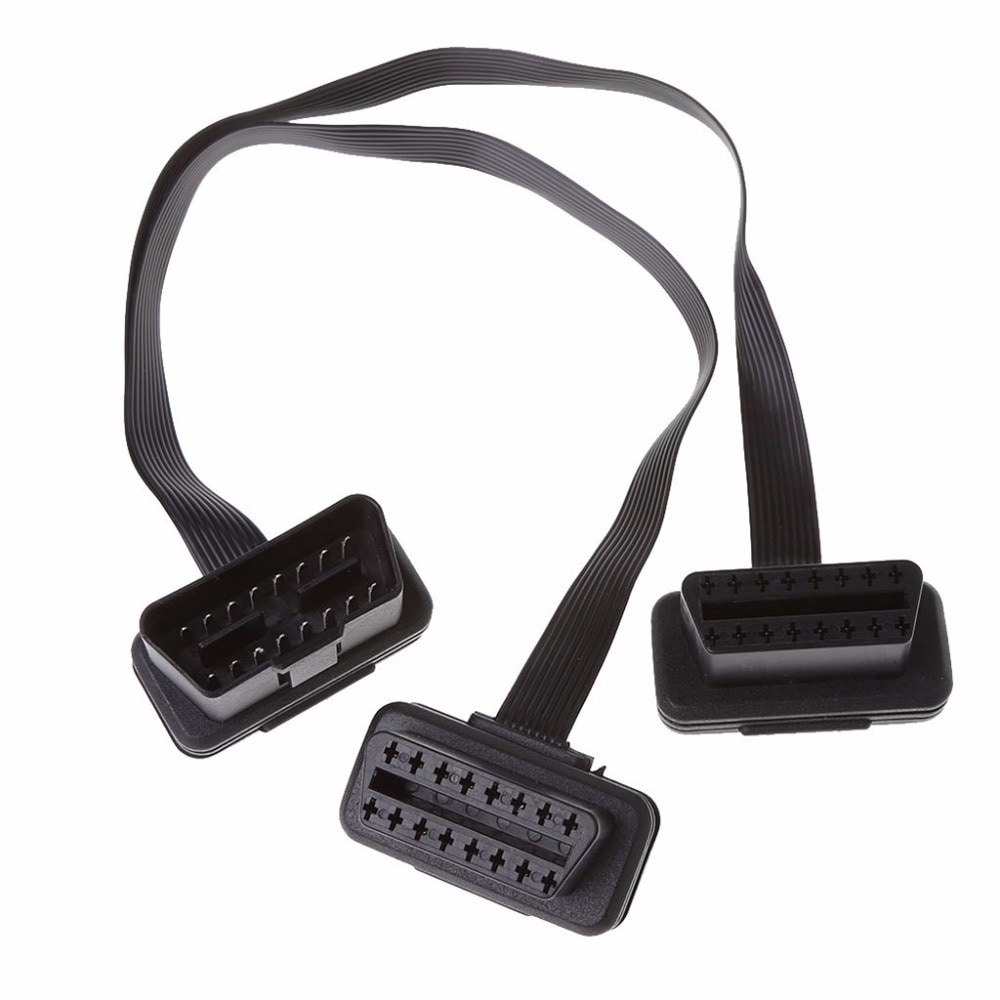 OOTDTY 30cm 16 Pin OBD2 Male To Double Female Splitter Flat Thin Y Connector Extension Cable Suit for OBD II port
