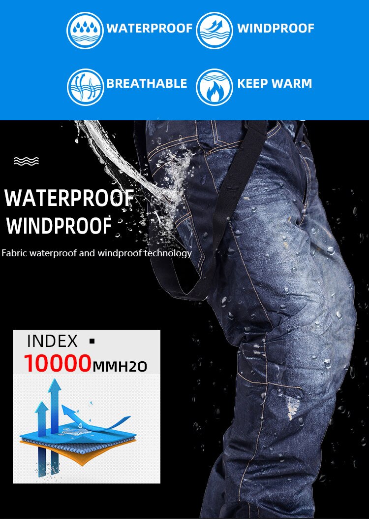 Winter Jean Snowboard Pants Men Suspenders Denim Ski Pants Skate Snow Board Thermal Windproof Waterproof Skiing Trouser