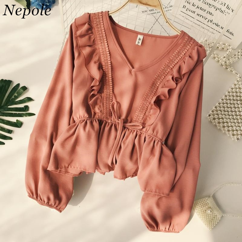 Neploe snørebånd flæser kvinder bluse v-hals blonder patchwork vintage blusa forår sommer solid slanke toppe dame