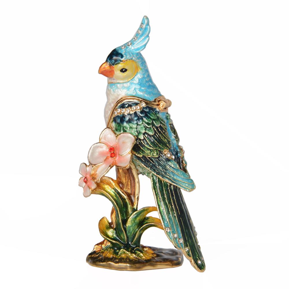 Valkparkiet Papegaai Vogel Beeldje Gekoesterd Trinket Sieraden Ketting Box Tinnen Ornament Collectibles