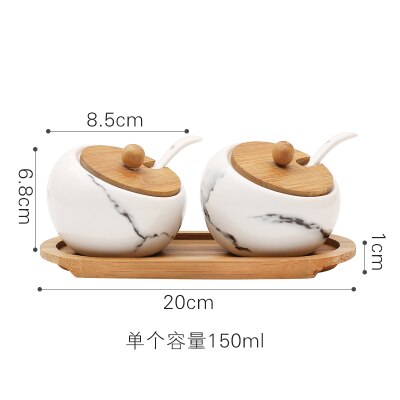 Japanese marbled ceramic seasoning jar set kitchen seasoning box wooden tray wood cover oil salt can seasoning bottle c: A