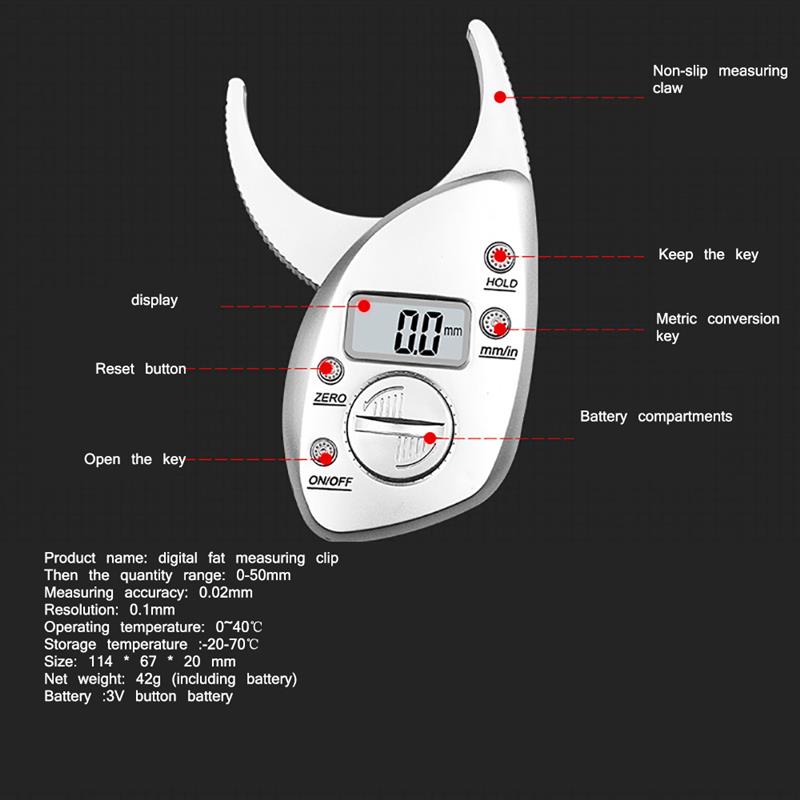 Digitale Lcd Lichaamsvet Remklauw Talg Meter Huidplooi Dikte Vet Analyzer Meten Apparaat Gewichtsverlies Anti-Slip Handvat