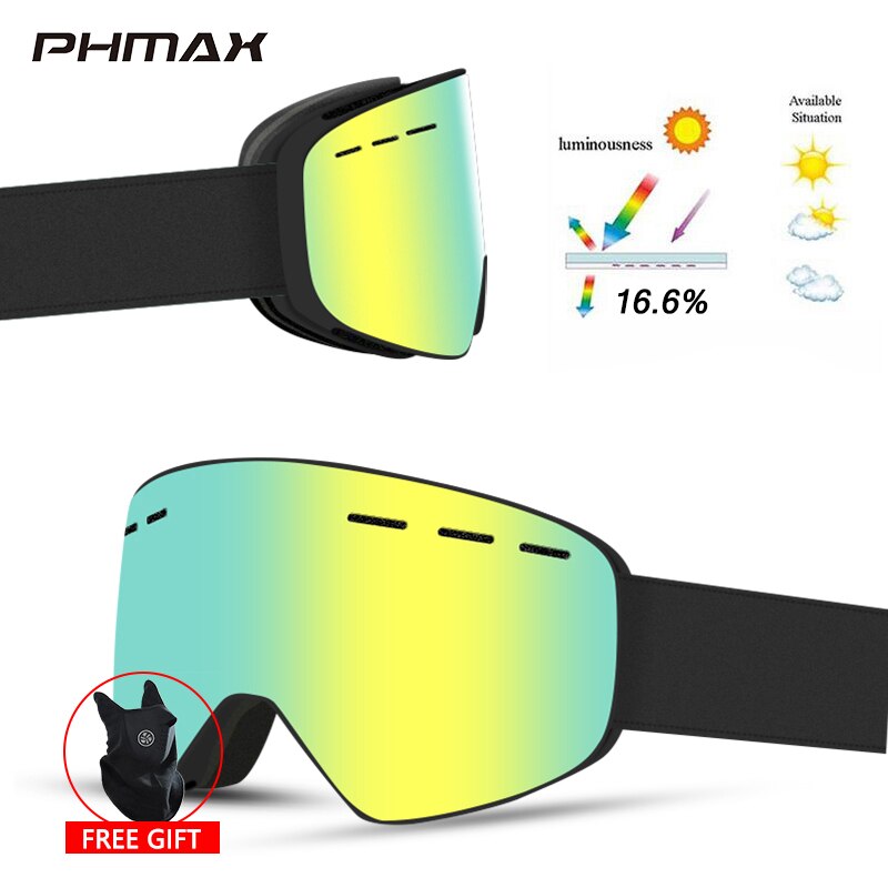 Phmax merkevare 6 farger skibriller dobbeltlag  uv400 anti-tåke butikk skimaske briller ski menn kvinner snøbrettbriller: P-xj -0203