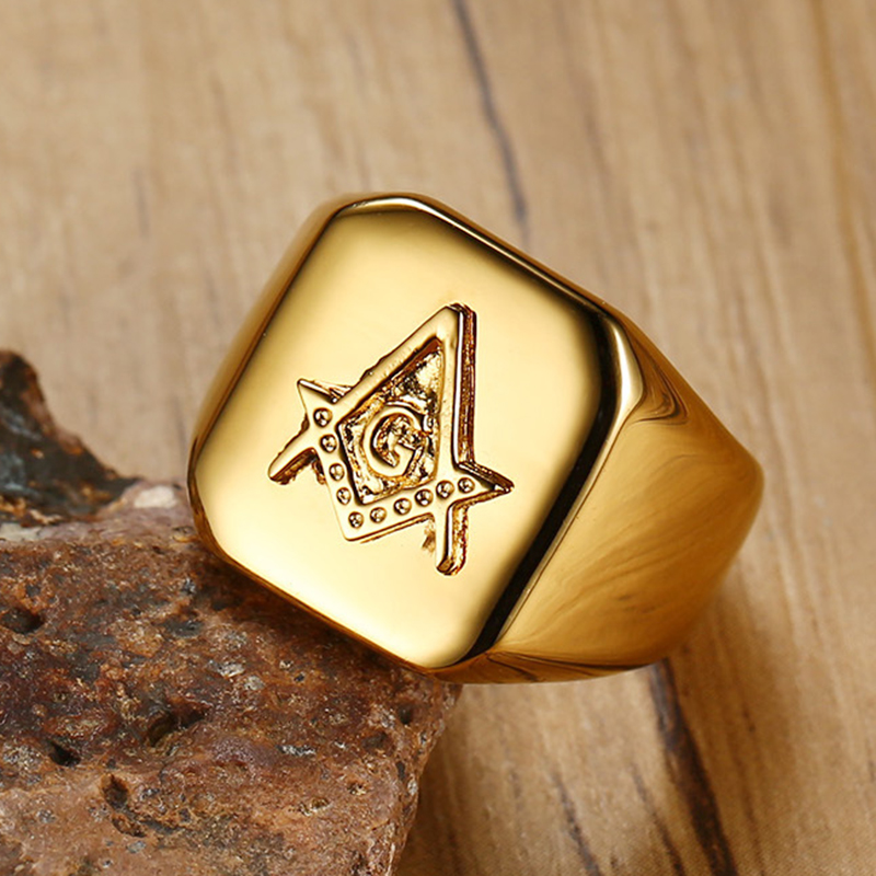 Male Gold Color Masonic Rings Stainless Steel Jewelry for Men Highly Polished Titanium Punk Rings for Brother