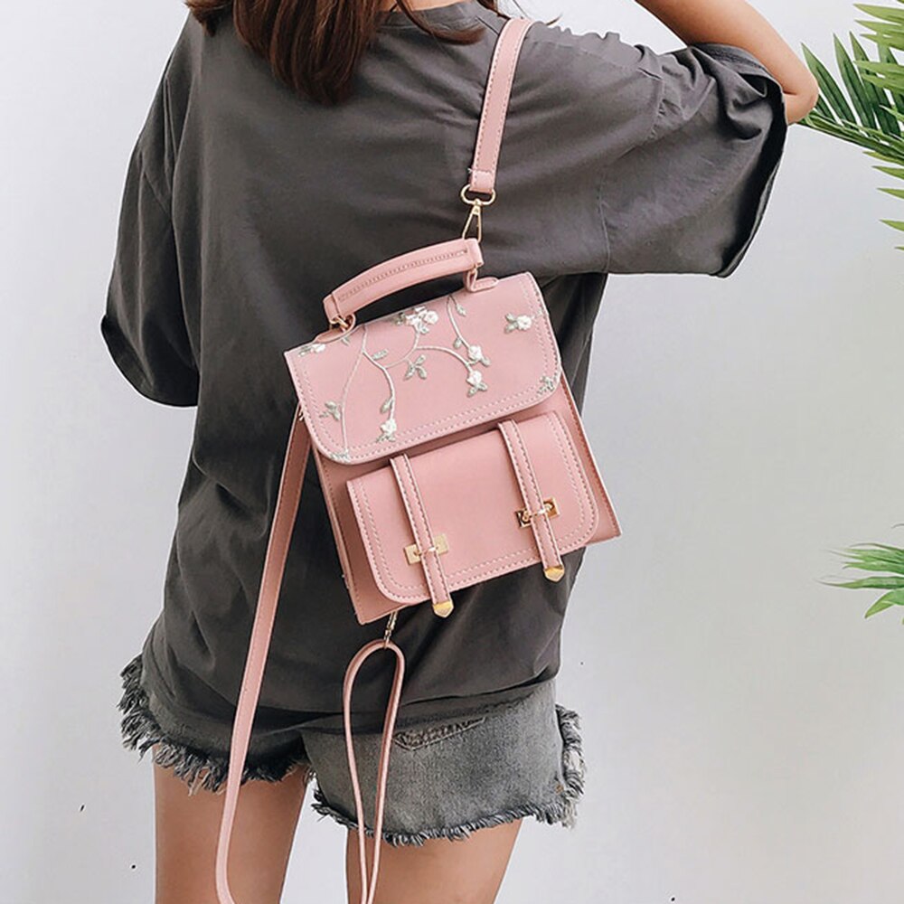 Women Backpack School Teenage Girls Small Shoulder Bag Leather Backpack Floral Embroidery Rucksack