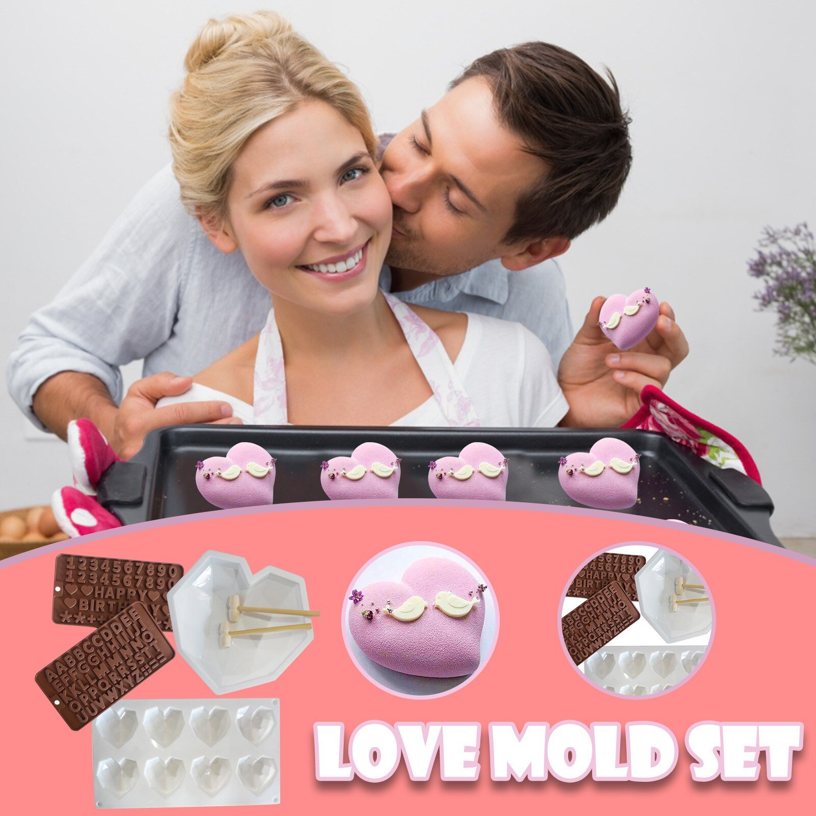 3D Diamant Liefde Hart Vorm Mold Silicone Chocolade Cookie Muffin Bakken Tool Spons Mousse Dessert Cake Decorating Bakken Set