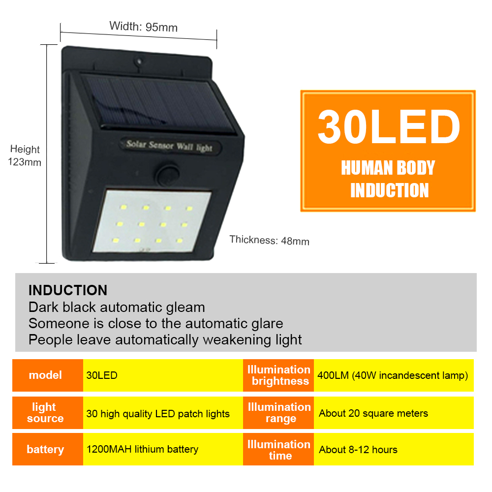 Led Zonne-straat Licht 20 LED PIR Motion Sensor Wandlamp Thuis Outdoor Waterdichte Wandlamp Lampadaire Solaire Exterieur: 30LED people go out