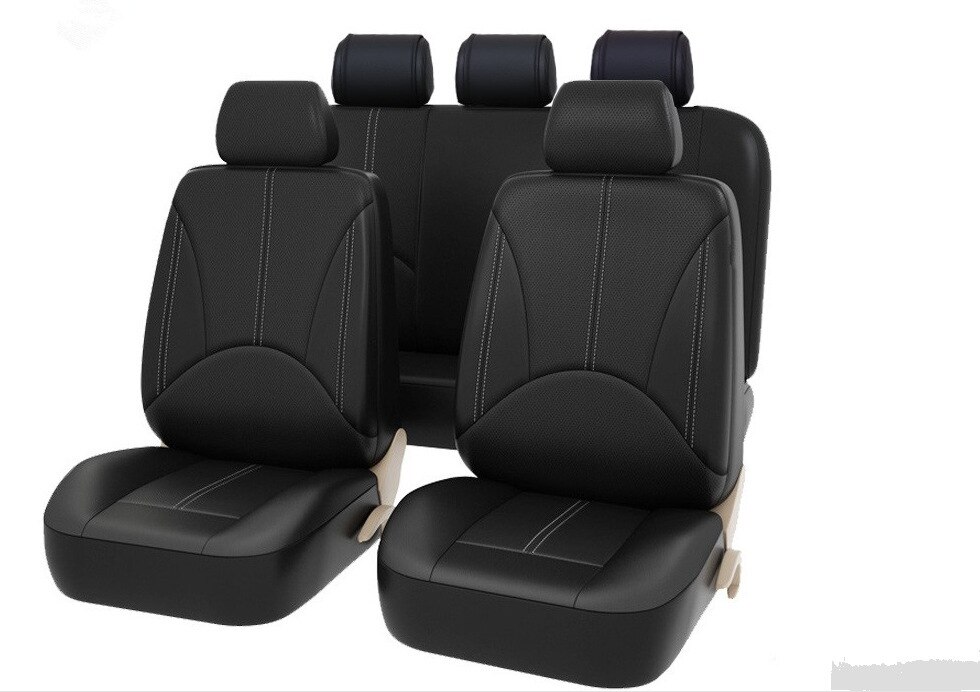 4 stk /9 stk universal auto sædebetræk til biler stol front bag nakkestøtte betræk 4 sæson bil pu læder sort brun: 9 stk. sort