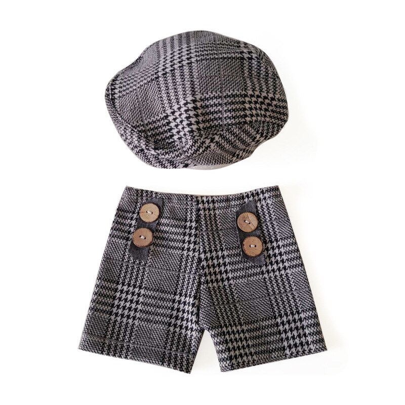 Pasgeboren Fotografie Props Hoed Broek Accessoires Set Baby Boy Plaid Kostuum Little Gentleman Fotostudio Eerste Foto: grey